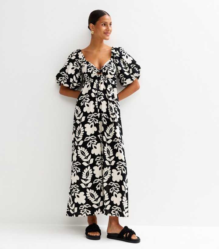 Black Folk Floral Print Puff Sleeve Midi Dress