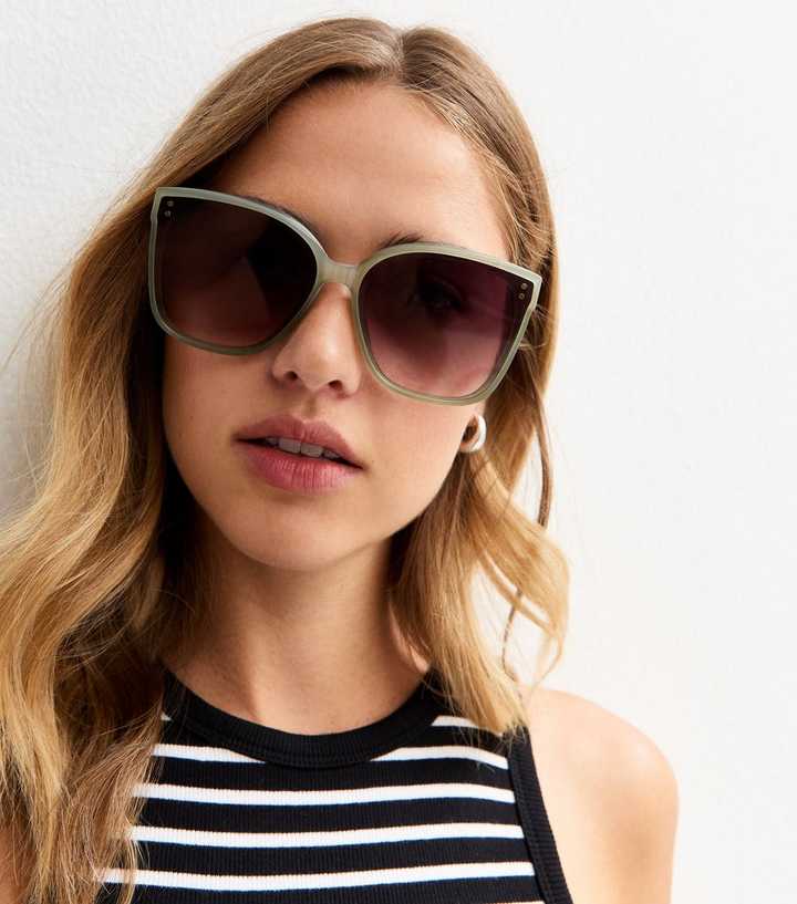 Olive Green Oversize Overlay D Frame Sunglasses