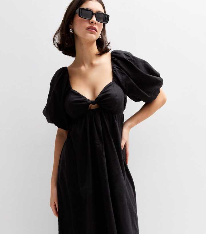 Black Puff Sleeve Knotted Front Midi Dress