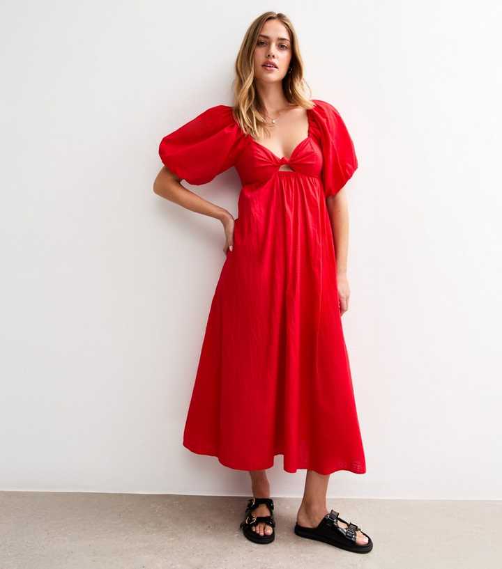 Red Puff Sleeve Knotted Front Midi Dress