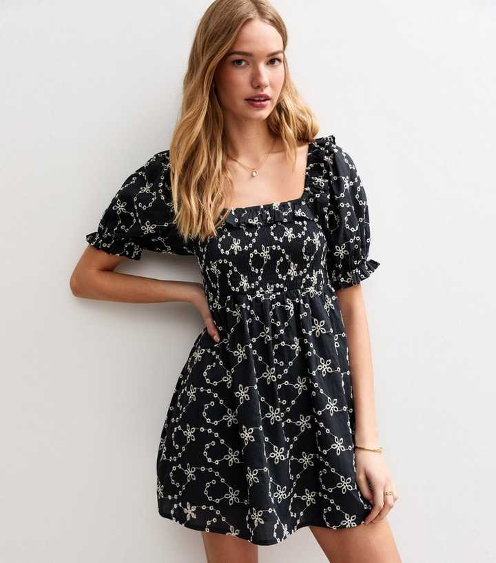 Navy Broderie Embroidered Milkmaid Mini Dress
