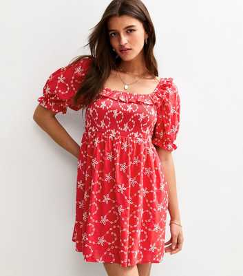 Bright Red Broderie Embroidered Milkmaid Mini Dress