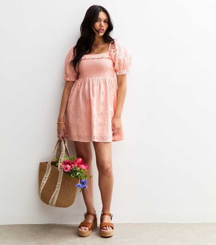 Pink Broderie Embroidered Milkmaid Mini Dress