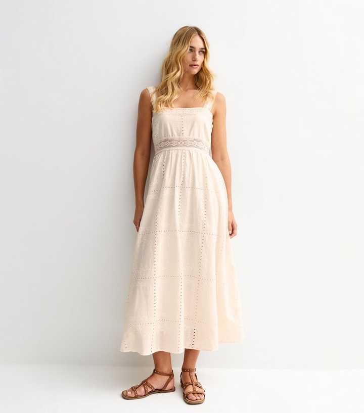 Cream Broderie Anglaise Lace Trimmed Square Neck Midi Dress | New Look