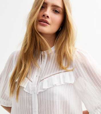 White Semi-Sheer Frill Trim Striped Shirt