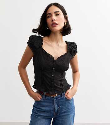 Black Floral Embroidered Buttoned Milkmaid Top