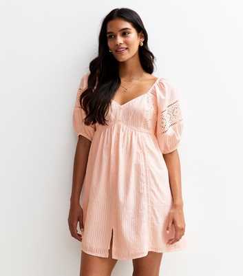 Light Pink Striped Embroidered Sleeve Mini Dress
