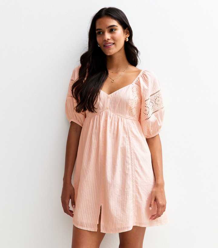 Light Pink Striped Embroidered Sleeve Mini Dress