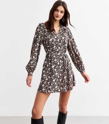 Black Floral Print Tie Neck Mini Dress