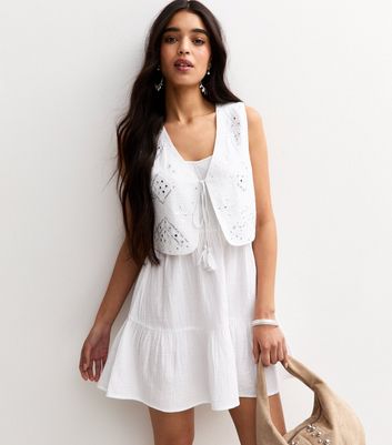 White 2 in 1 Waistcoat Tiered Mini Dress | New Look
