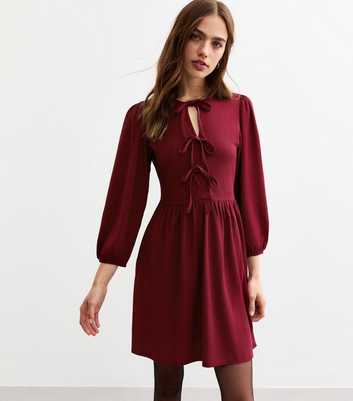 Burgundy Tie Front Textured Jersey Mini Dress