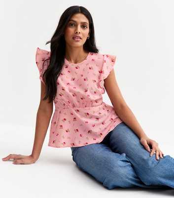 Pink Rose Print Ruffle Sleeve Top