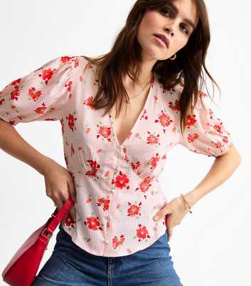 Pink Gingham Floral Print Milkmaid Top