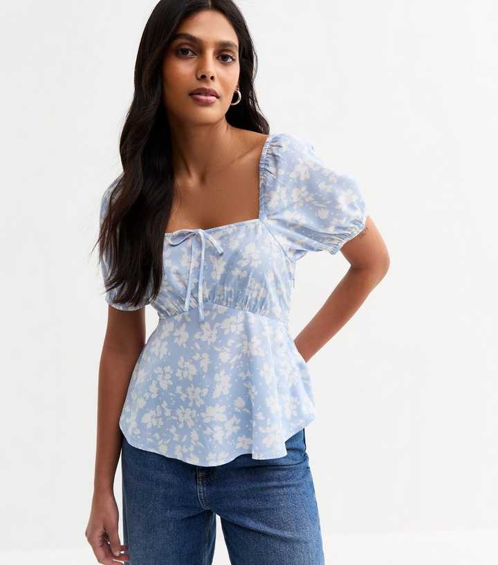 Blue Floral Print Peplum Top