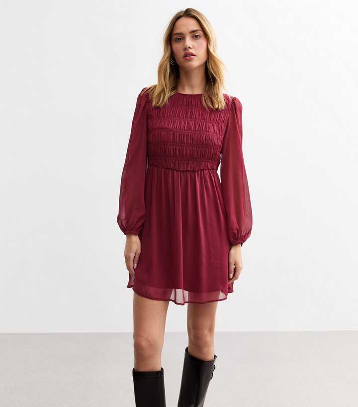 Burgundy Shirred Chiffon Mini Dress
