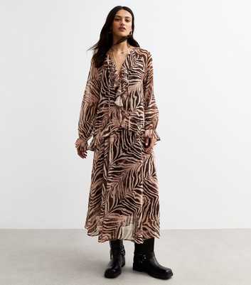 Brown Zebra Print Ruffle Trim Chiffon Midi Dress