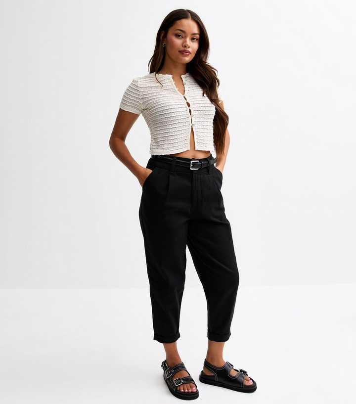 Petite Black Belted Tapered Leg Trousers