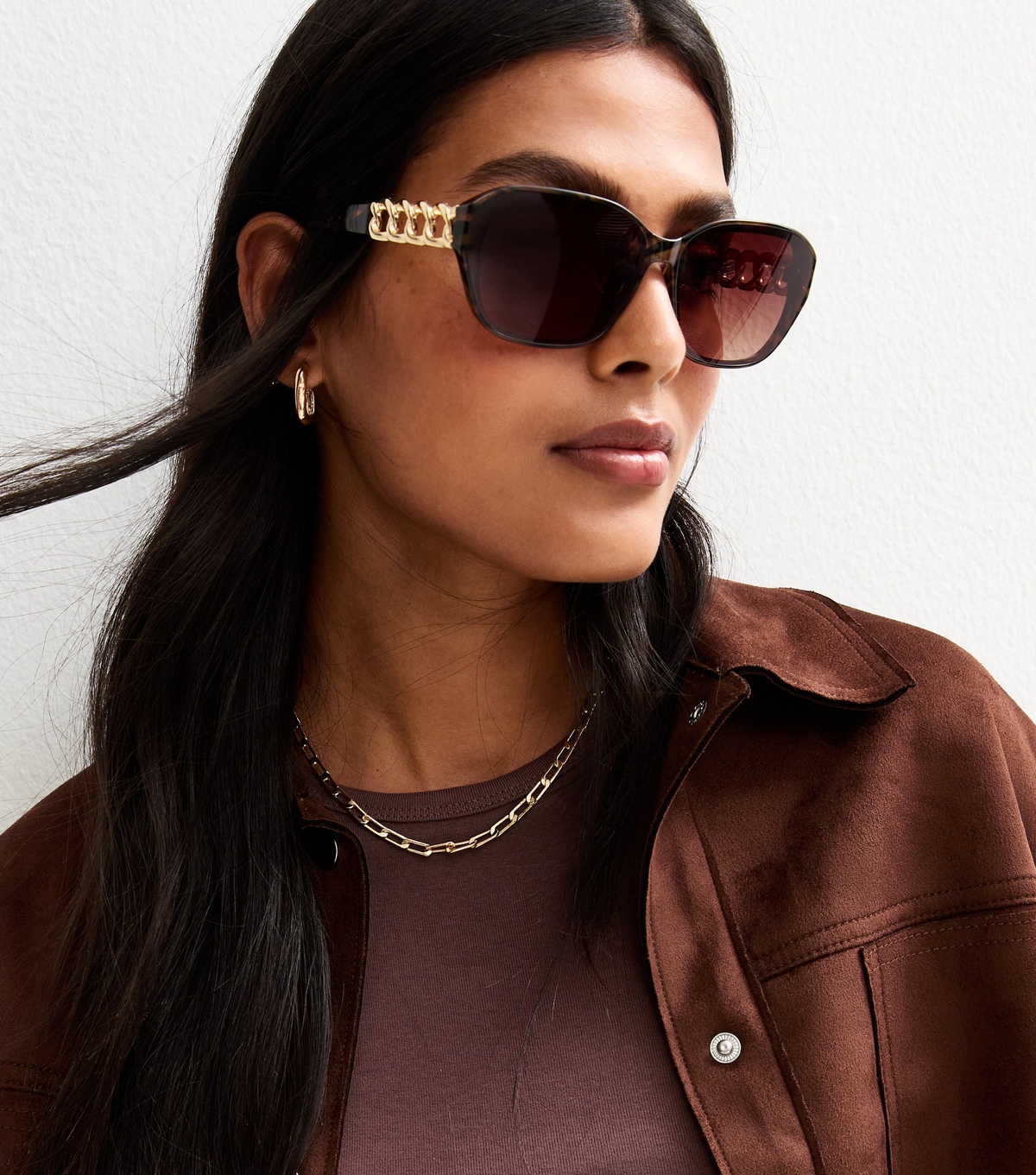 Brown Square Frame Tortoiseshell Chain Trim Sunglasses New Look