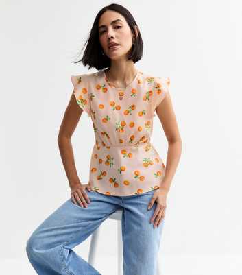 Off White Orange Print Ruffle Sleeve Top