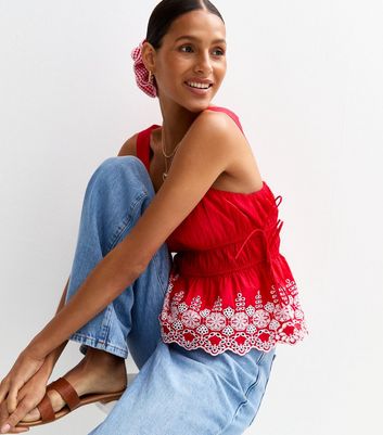 Red Floral Embroidered Shirred Cami Top