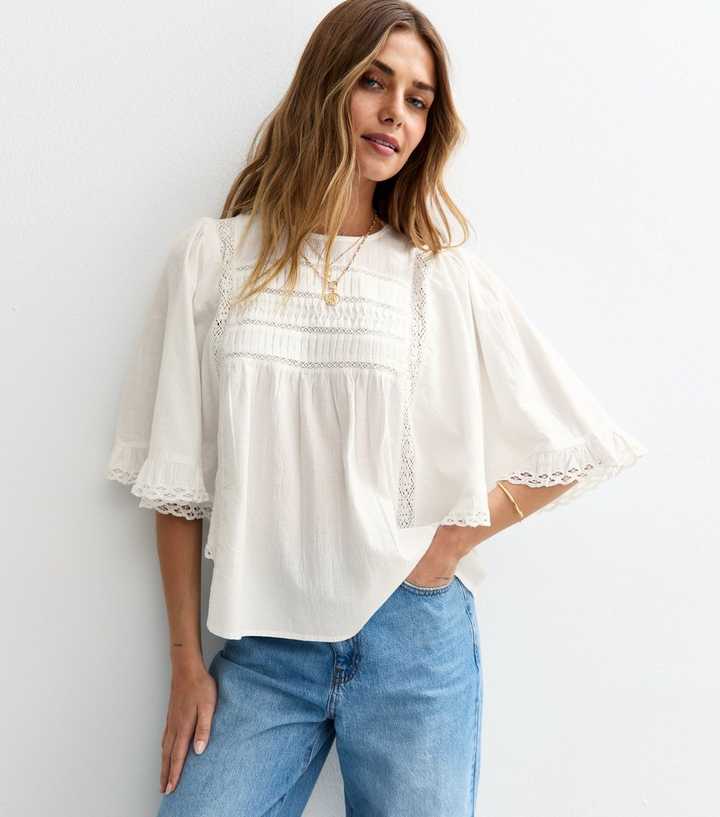 White Embroidered Trim Oversized Batwing Blouse