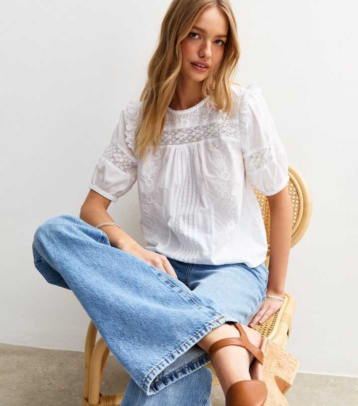 White Floral Embroidered Lace Trim Short Sleeve Blouse