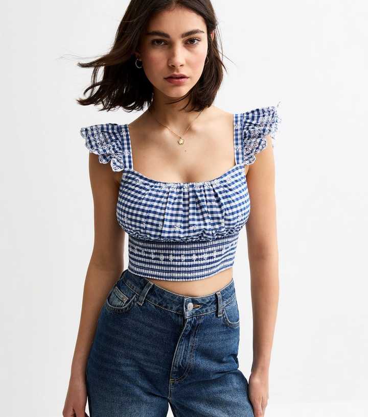 Blue Checked Broderie Anglaise Cropped Top