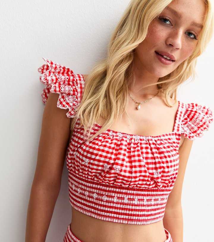 Red Checked Broderie Anglaise Cropped Top