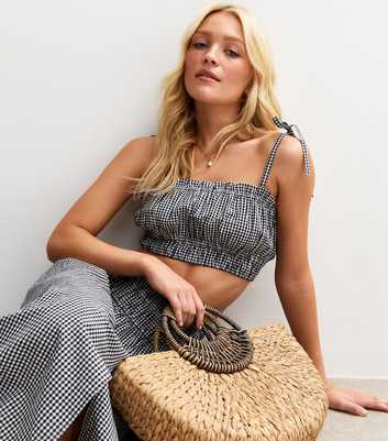 Black Gingham Check Shirred Cropped Cami Top