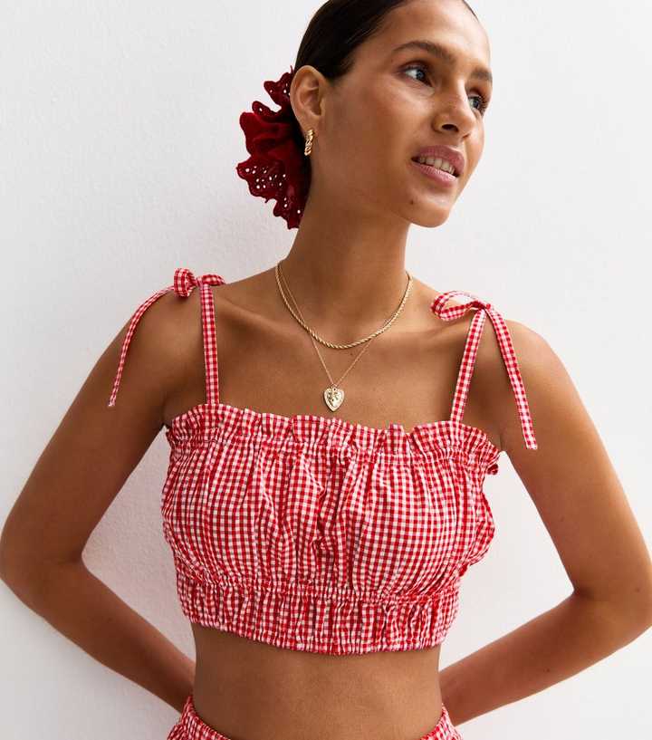 Red Gingham Check Shirred Cropped Cami Top