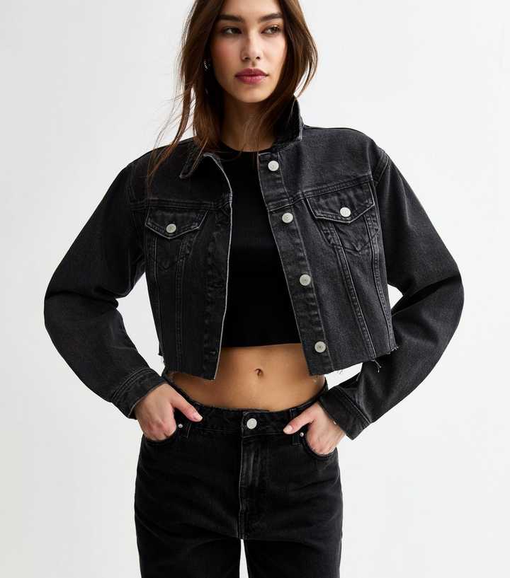 Black Raw Hem Cropped Denim Jacket