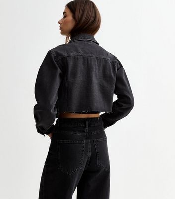 Black Raw Hem Cropped Denim Jacket