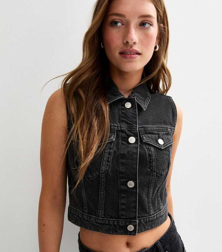 Black Sleeveless Denim Jacket