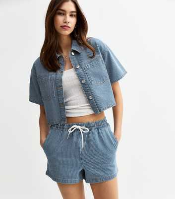 Navy Stripe Print Drawstring Denim Shorts