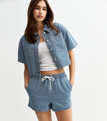 Navy Stripe Print Drawstring Denim Shorts