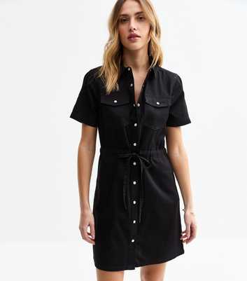 Black Drawstring Waist Denim Mini Dress