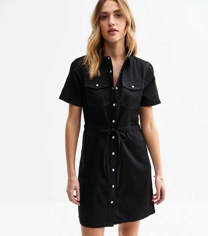 Black Drawstring Waist Denim Mini Dress