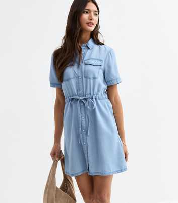 Light Blue Chambray Denim-Look Mini Shirt Dress