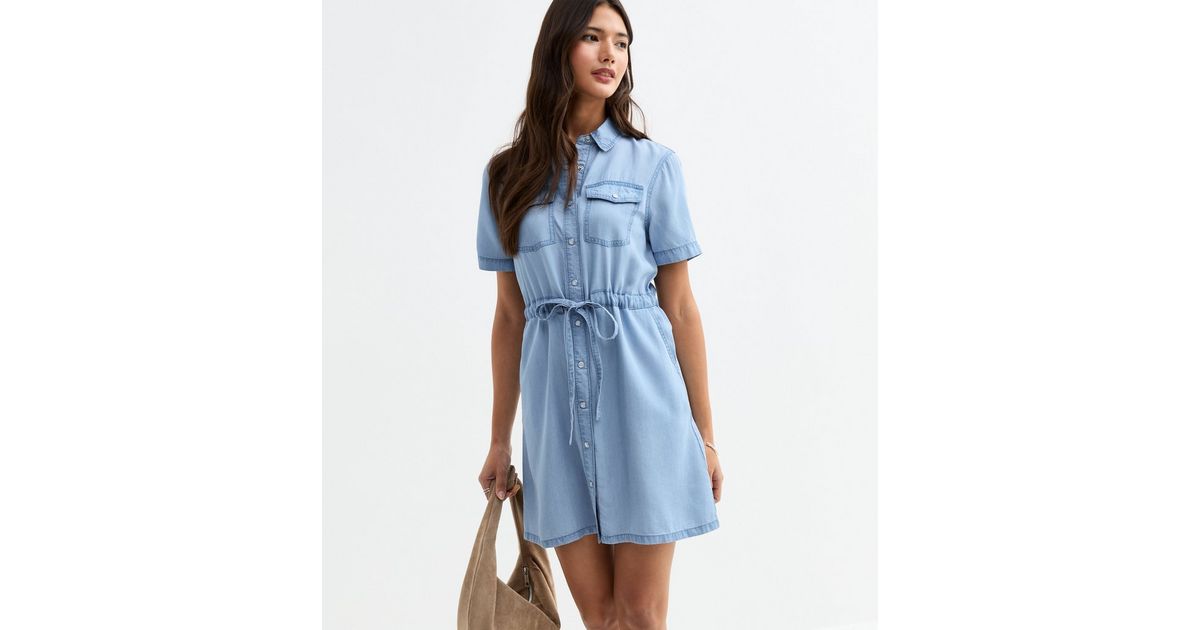 Light Blue Chambray Denim-Look Mini Shirt Dress | New Look