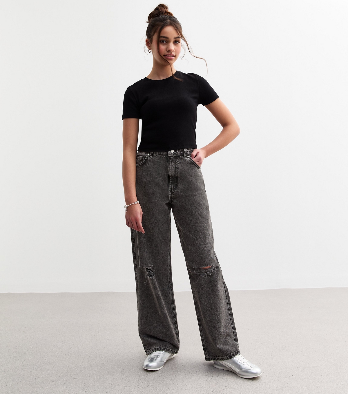 Girls' Black Ripped Knee Wide Leg Jeans New Look