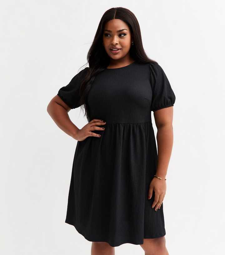 Curves Black Crinkled Bow Back Mini Smock Dress