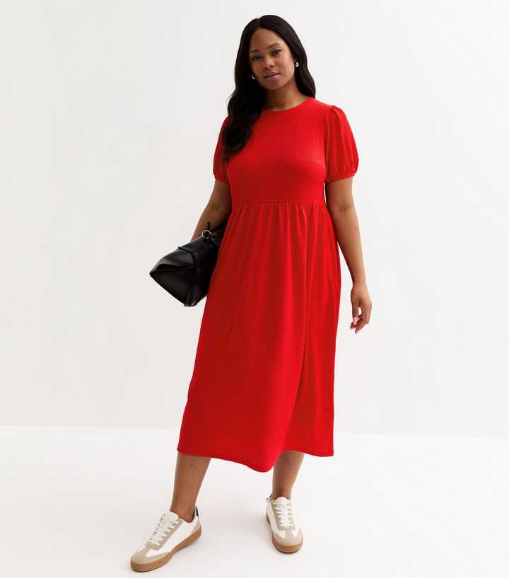 Curves Red Crinkled Bow Back Smock Midi Dress | New Look