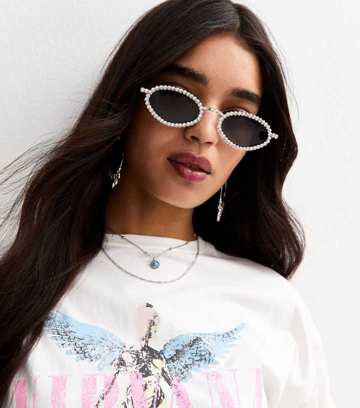 Silver Diamantè Embellished Oval Frame Sunglasses