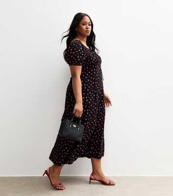 Black Berry Print Milkmaid Midi Dress