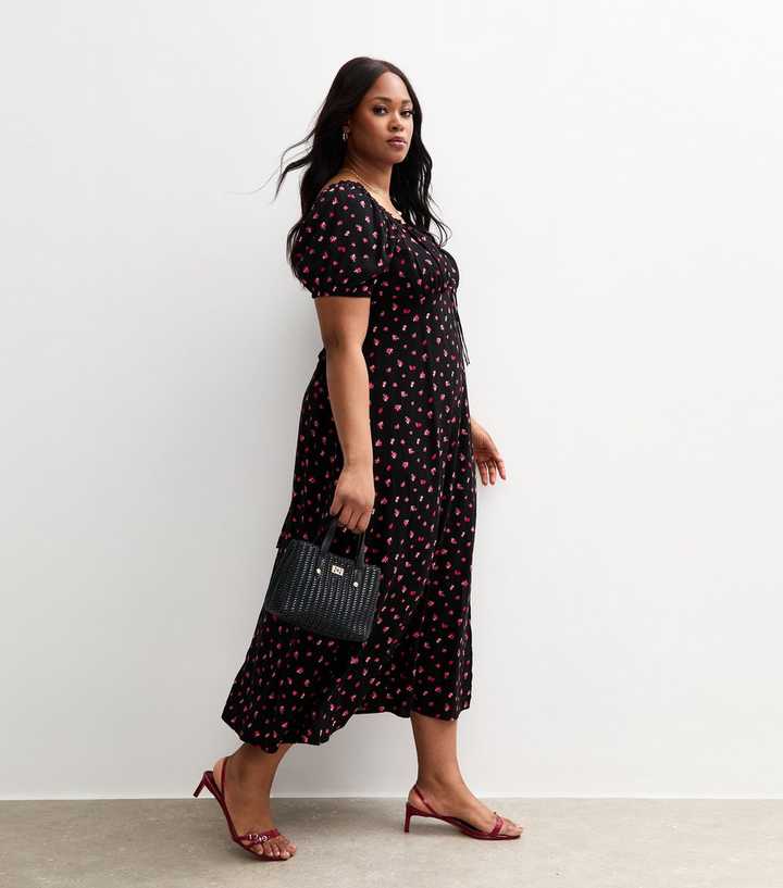 Black Berry Print Milkmaid Midi Dress