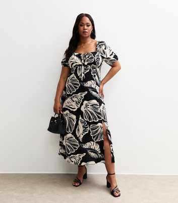 Curves Black Shell Print Milkmaid Midi Dress