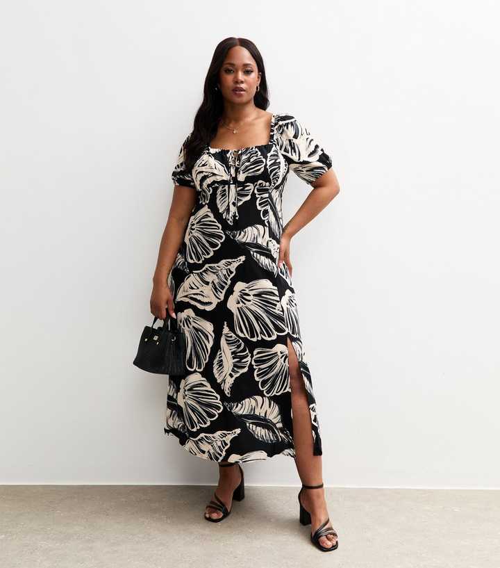 Curves Black Shell Print Milkmaid Midi Dress New Look