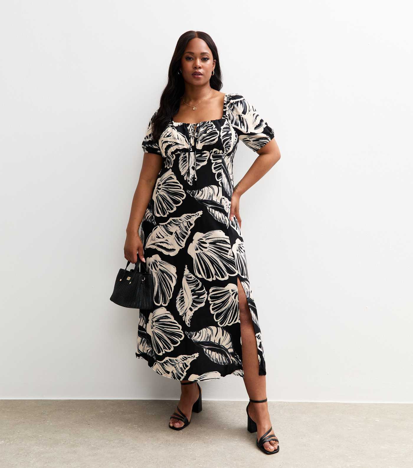 Curves Black Shell Print Milkmaid Midi Dress