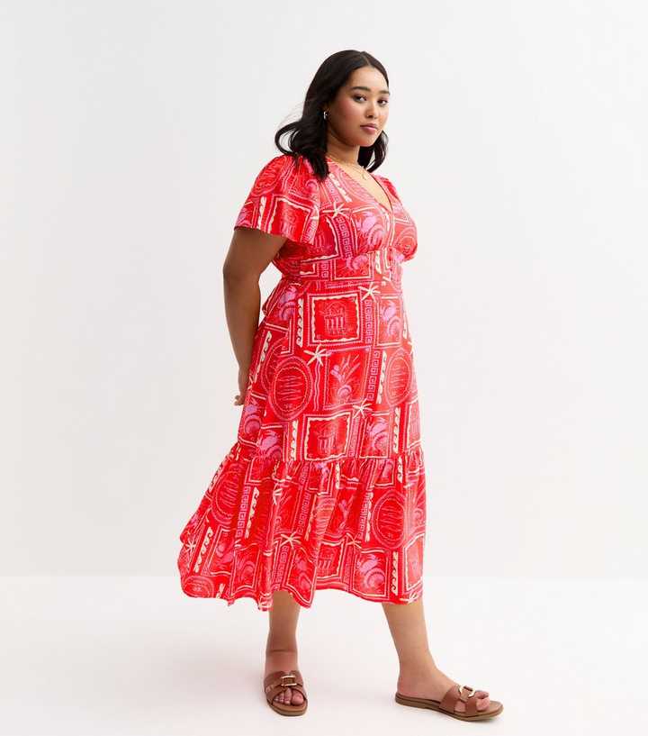 Curves Pink Sardine Print Tiered Midi Tea Dress
