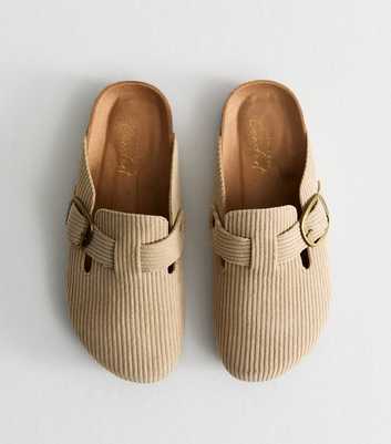 Camel Corduroy Buckle Strap Mules